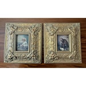 Vintage Art Pair Children w/ Animals Hand Carved Guilded Frames English Manor